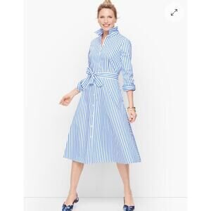 Talbots Classic Cornflower Blue + White stripe Cotton Shirtdress Size 8